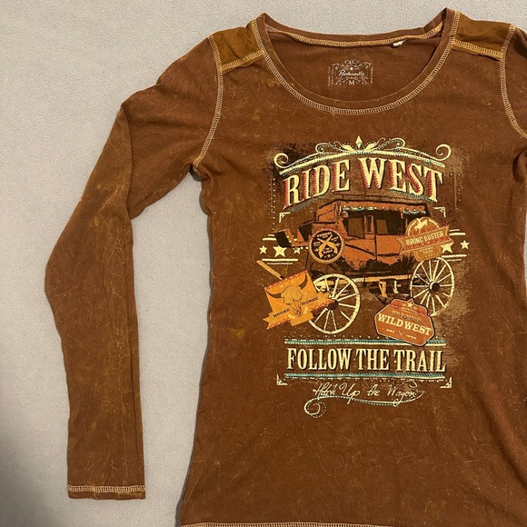 Panhandle Graphic T-Shirt Crew-Neck Long Sleeves Stretch Brown Womens Size M - Picture 4 of 16